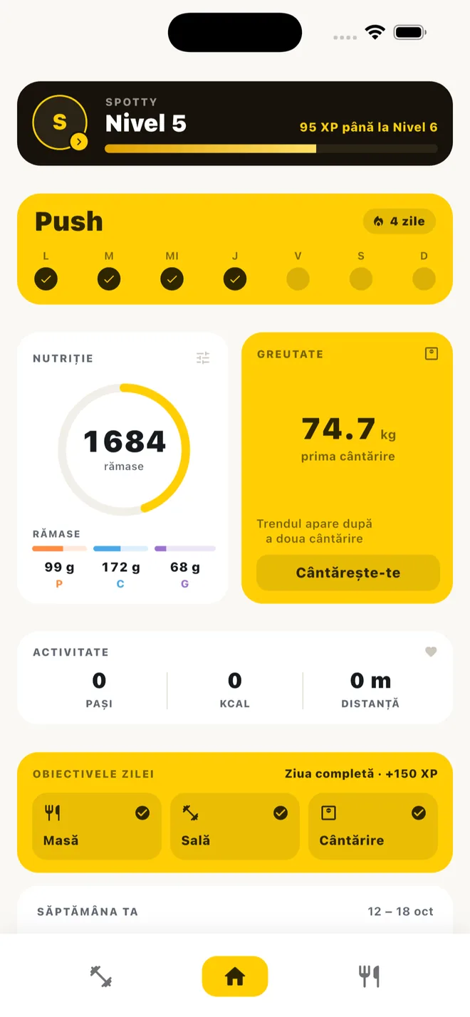 Ecranul principal Spotty: nivelul, splitul săptămânii, caloriile rămase și greutatea